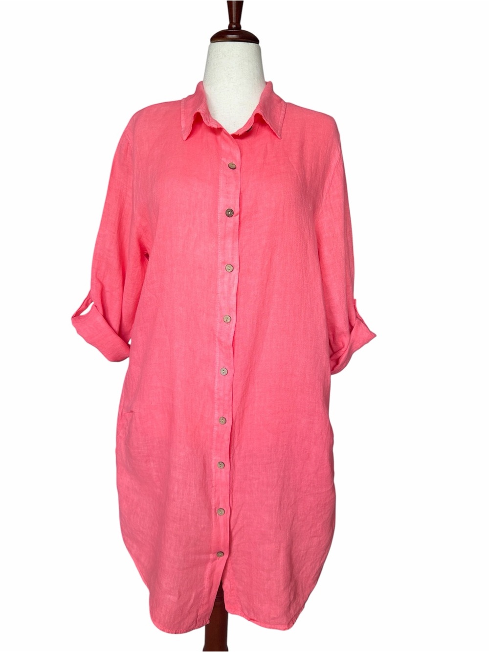 Puro Lino 100% Linen Shirt Dress Coral Made in Italy Roll Tab Sleeve
